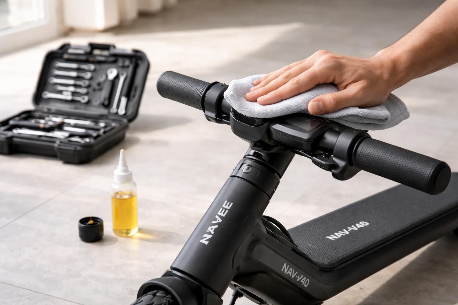 découvrez nos conseils pratiques pour entretenir votre trottinette électrique noire nav-v40 navee et assurer sa durabilité optimale. prolongez la vie de votre trottinette avec un entretien facile et efficace.
