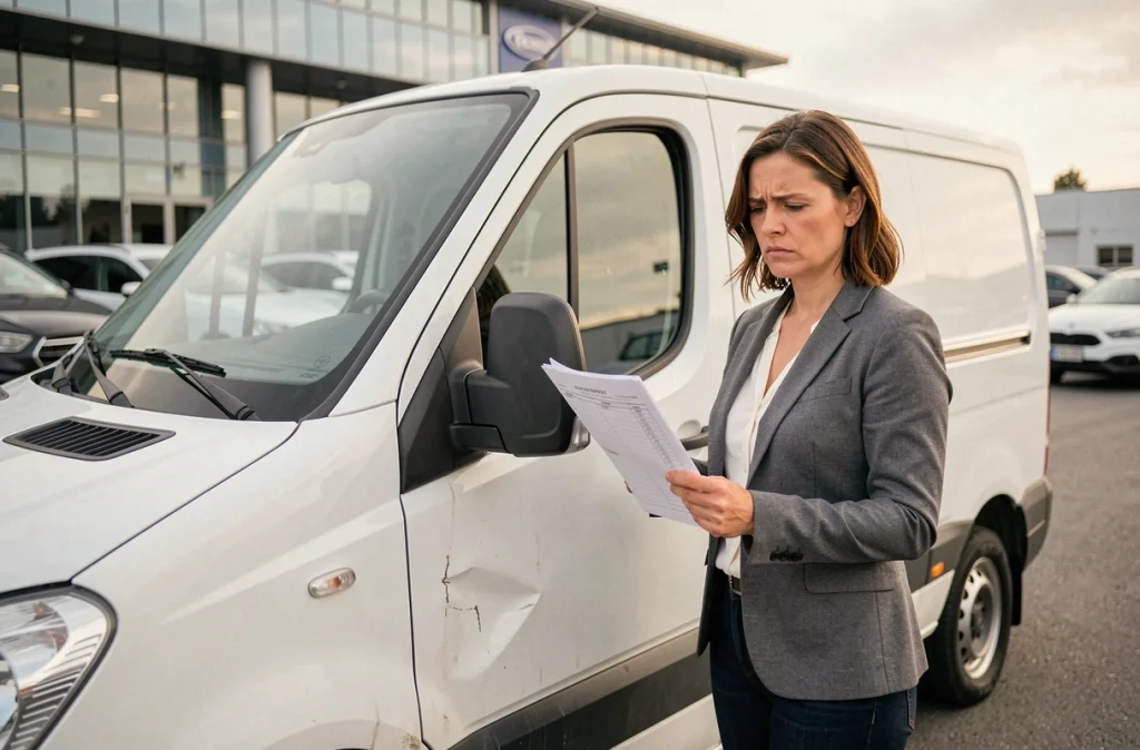 Femme acheteur vérifiant les dommages d'un fourgon utilitaire d'occasion dans une concession avec checklist d'inspection