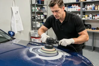 Technicien en carrosserie appliquant un polish sur la carrosserie bleue d'une voiture avec une polisseuse orbitale dans un garage professionnel