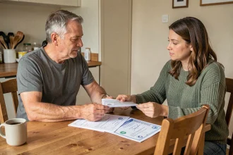 Deux particuliers échangeant les documents officiels lors d'une cession de véhicule d'occasion à domicile