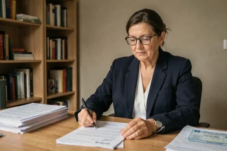 Femme consultant des documents administratifs dont une carte grise pour un changement de titulaire après un décès