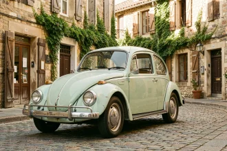 Volkswagen Coccinelle vintage des années 60 garée sur des pavés d'un village français avec patine authentique