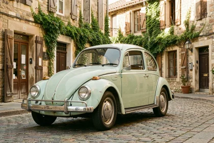 Volkswagen Coccinelle vintage des années 60 garée sur des pavés d'un village français avec patine authentique