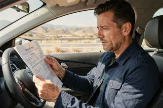 Conducteur français lisant une amende de la DGT espagnole assis dans sa voiture garée en Espagne