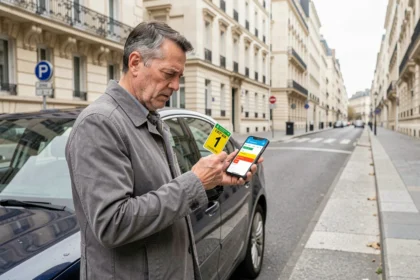 Automobiliste confus comparant sa vignette Crit'Air avec les classifications sur son téléphone dans une rue parisienne