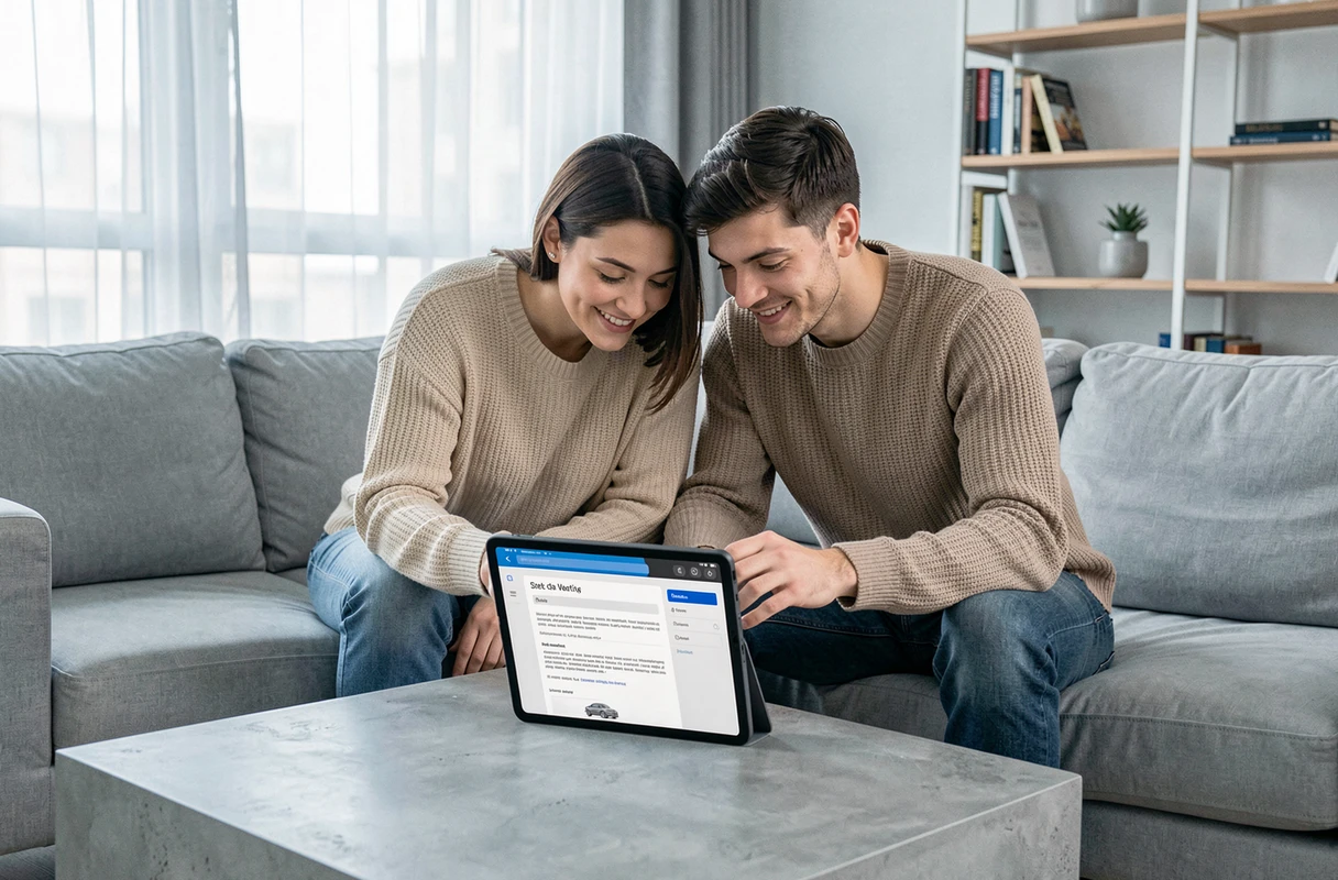 Jeune couple consultant une déclaration de cession de véhicule en ligne sur tablette dans un salon d'appartement moderne