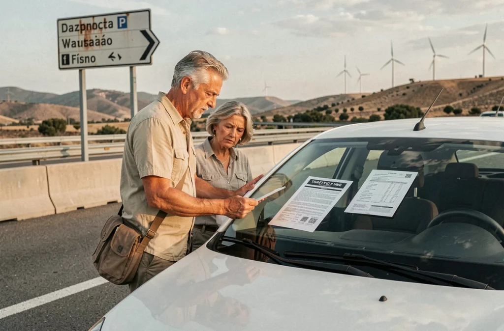 Couple de touristes français découvrant une amende DGT sur leur voiture dans une aire d'autoroute espagnole