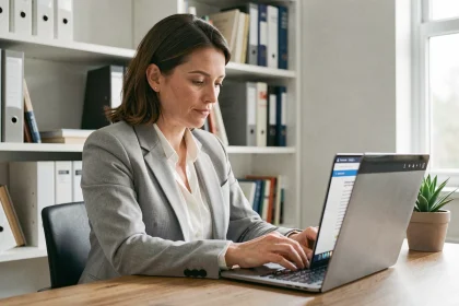 Femme en blazer gris complétant une déclaration de cession de véhicule en ligne sur un ordinateur portable dans un bureau à domicile moderne
