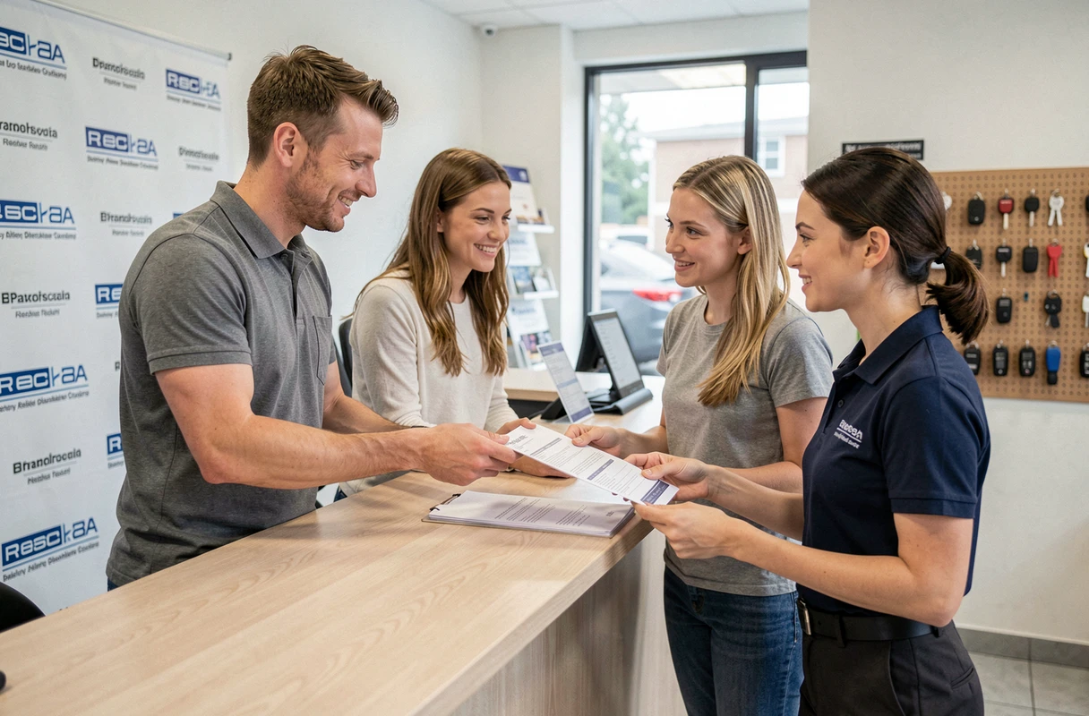 Couple effectuant des démarches pour une assurance auto temporaire dans une agence de location