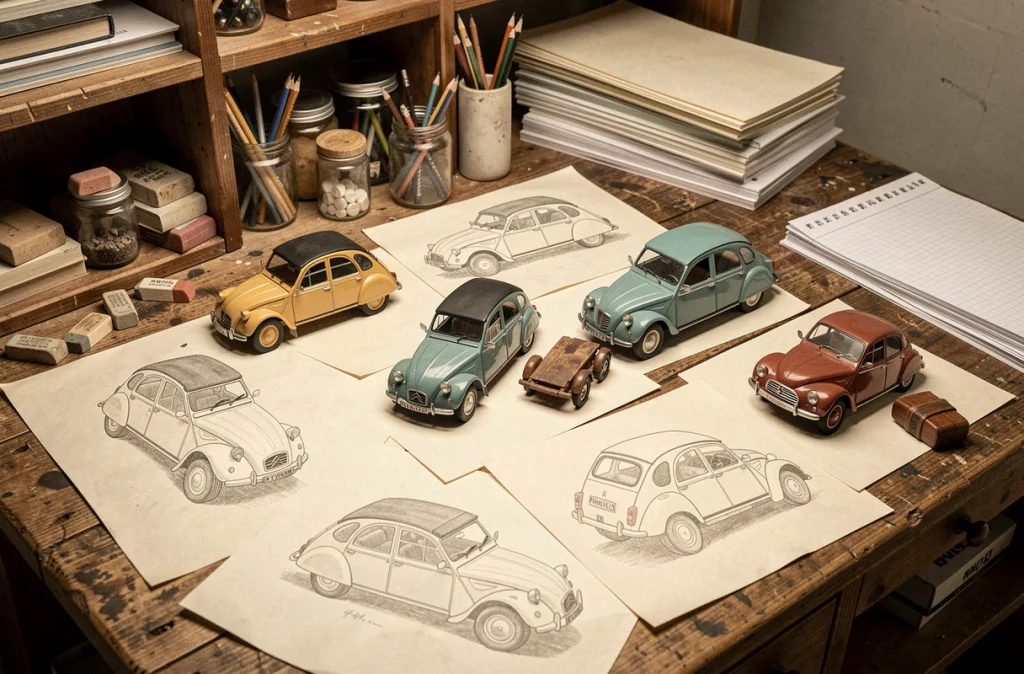 Maquettes et dessins au crayon de voitures françaises anciennes sur une table d'atelier en bois, Citroën 2CV et Renault 4L