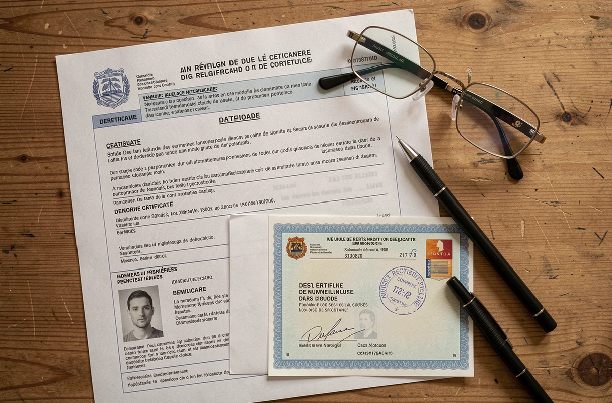 Flat lay de documents administratifs nécessaires pour changer le titulaire d'une carte grise suite à un décès, incluant certificat de décès et carte grise