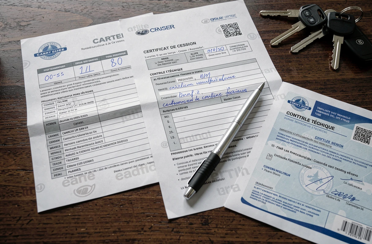 Vue de dessus des documents indispensables pour une cession de véhicule d'occasion posés sur un bureau en bois
