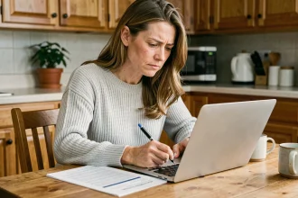 Femme remplissant un formulaire d'assurance auto temporaire sur son ordinateur portable à la maison