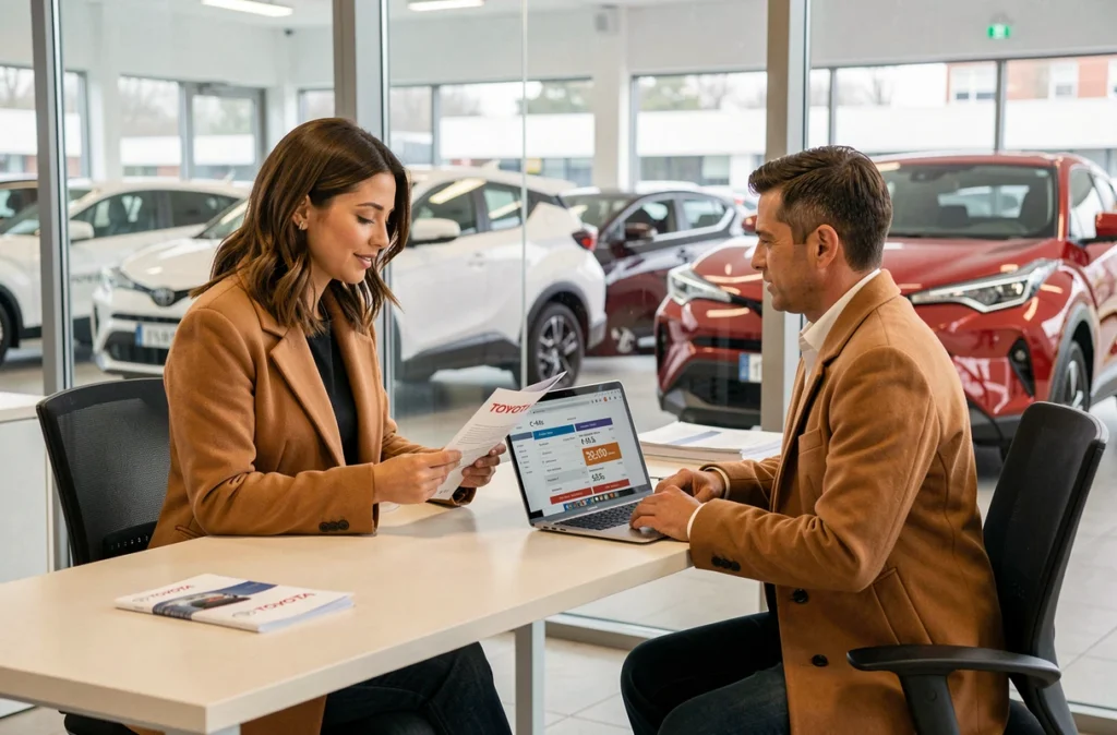 Femme négociant le prix d'un Toyota C-HR avec un vendeur automobile dans un bureau de concession