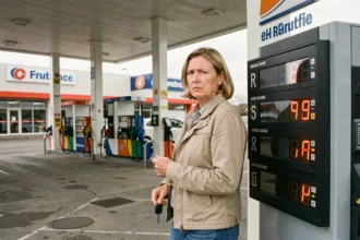 Femme faisant le plein dans une station-service de grande surface en regardant le panneau des prix du carburant