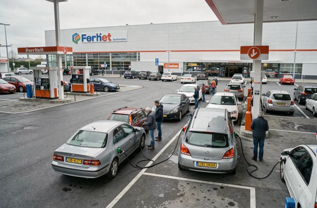 Vue large d'une station-service de grande surface avec file d'attente de voitures pour faire le plein d'essence moins chère