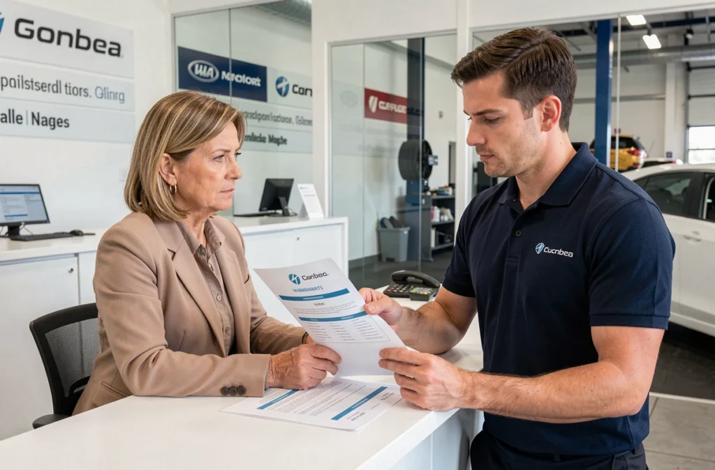 Cliente et conseiller après-vente discutant de la garantie Peugeot pour une panne moteur HDI en 2026