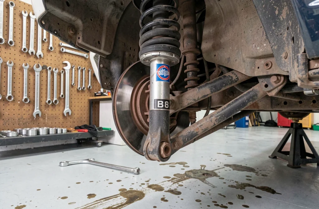 Gros plan sur un amortisseur Bilstein B8 monté avec silent-blocs et ressort sur une suspension en atelier DIY