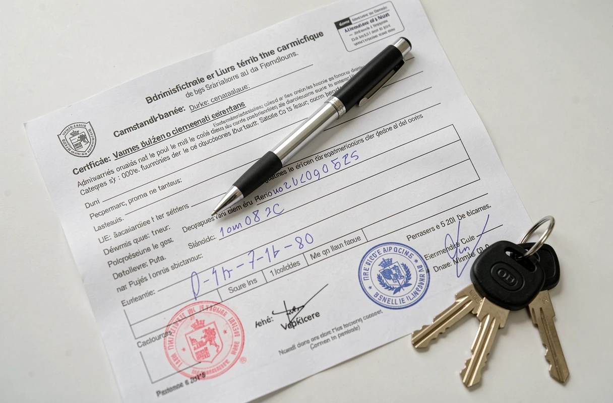 Gros plan d'un certificat de non-gage posé sur une surface blanche avec des clés de voiture et un stylo