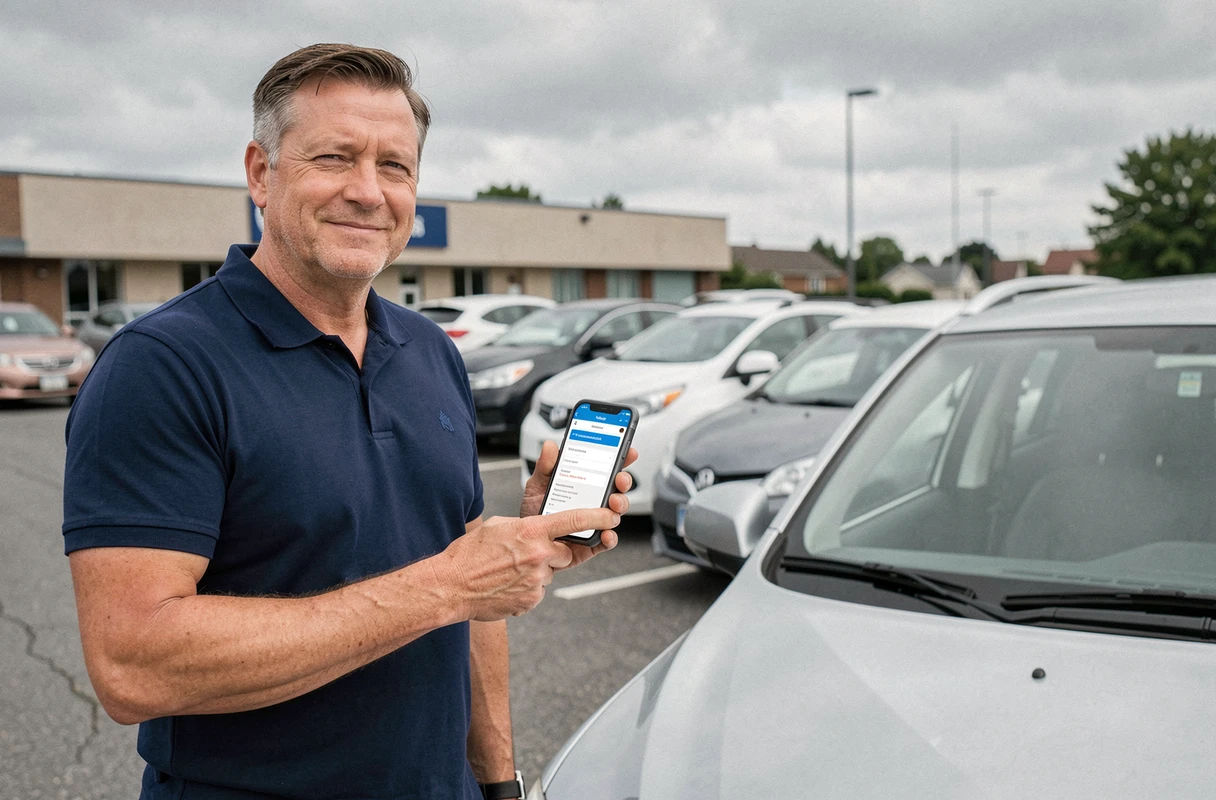 Homme consultant son assurance auto temporaire sur smartphone devant sa voiture