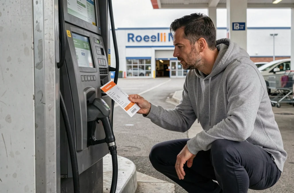 Homme comparant le prix de l'essence sur la pompe d'une grande surface avec son ticket de fidélité