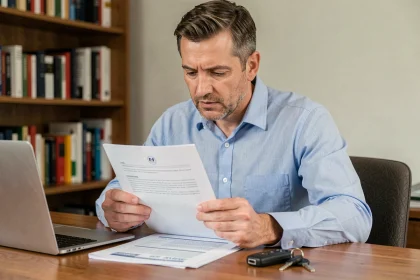 Homme consultant un certificat de non-gage avant la vente de sa voiture à son bureau à domicile