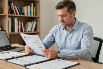 Homme consultant des documents administratifs pour l'immatriculation d'une voiture importée à son bureau