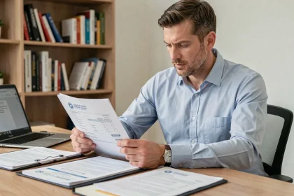 Homme consultant des documents administratifs pour l'immatriculation d'une voiture importée à son bureau