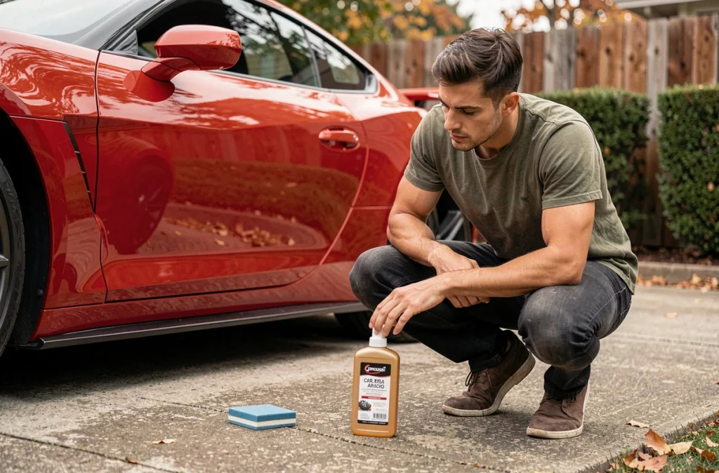 Passionné d'automobile inspectant la carrosserie rouge d'un véhicule de sport avant l'application d'une cire protectrice dans une allée résidentielle