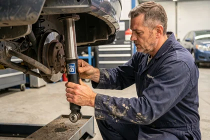 Mécanicien professionnel installant un amortisseur Bilstein B8 sur une suspension de berline dans un atelier automobile