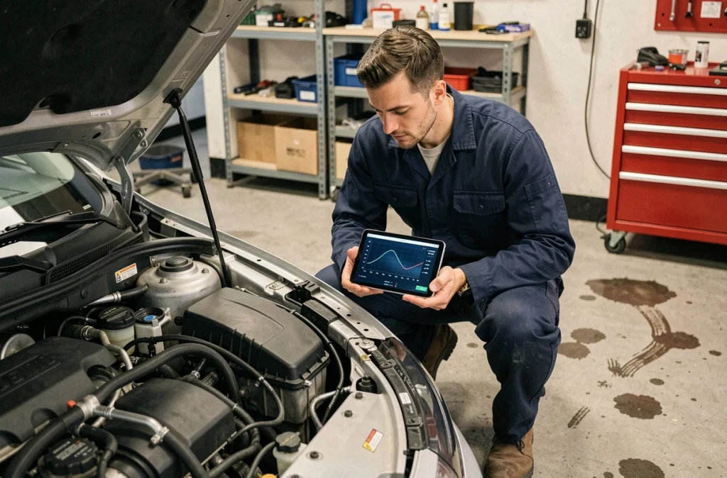 Mécanicien vérifiant le régime moteur d'une voiture en garage avec tablette de diagnostic