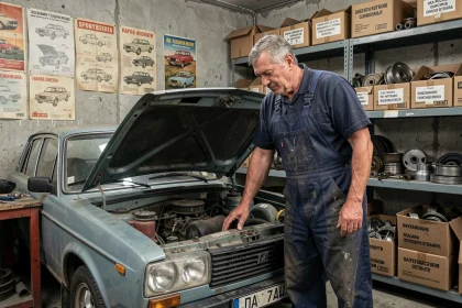 Mécanicien indépendant français réparant une LADA classique dans un petit garage artisanal encombré de pièces détachées