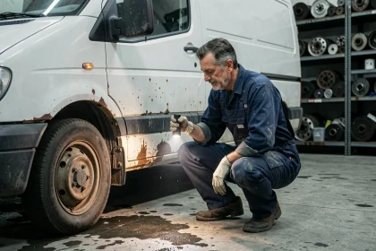 Mécanicien inspectant la carrosserie rouillée d'un fourgon utilitaire d'occasion dans un garage automobile