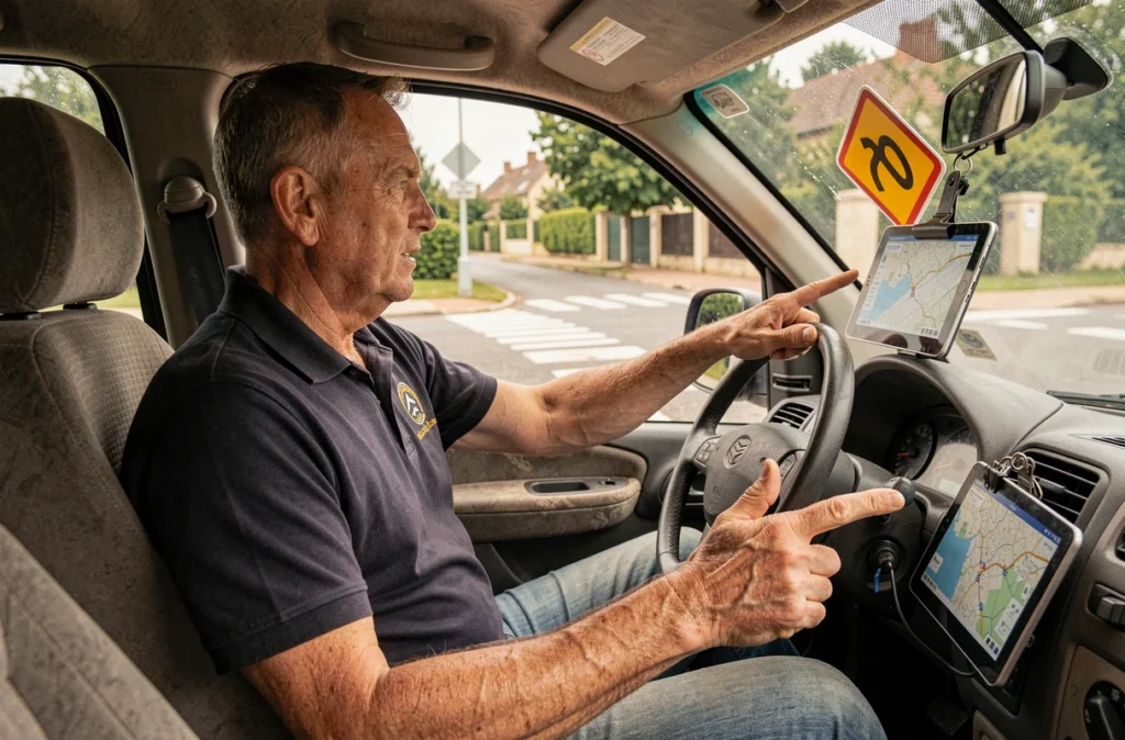 Moniteur d'auto-école expliquant la signification d'un panneau de route prioritaire à un carrefour suburbain français, vu depuis le siège arrière du véhicule d'apprentissage