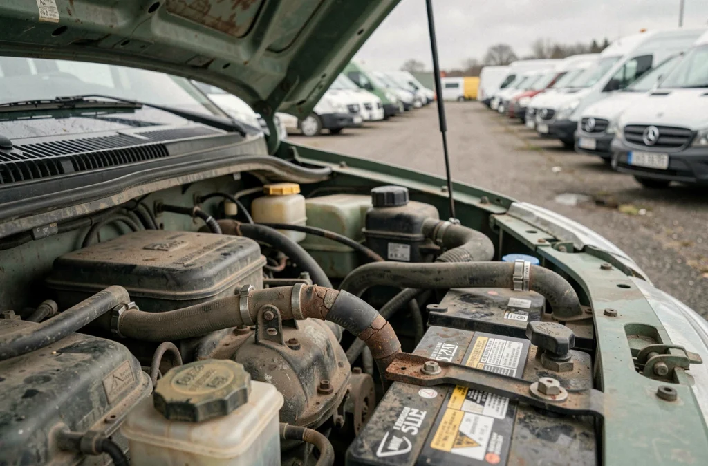 Moteur corrodé d'un fourgon d'occasion avec des durites fissurées et une batterie oxydée dans un parc de véhicules utilitaires