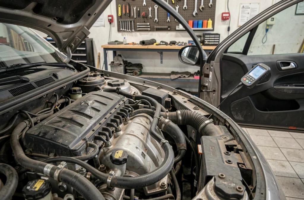 Moteur diesel 1.6 HDI Peugeot avec scanner de diagnostic branché pour lire le code erreur P1351