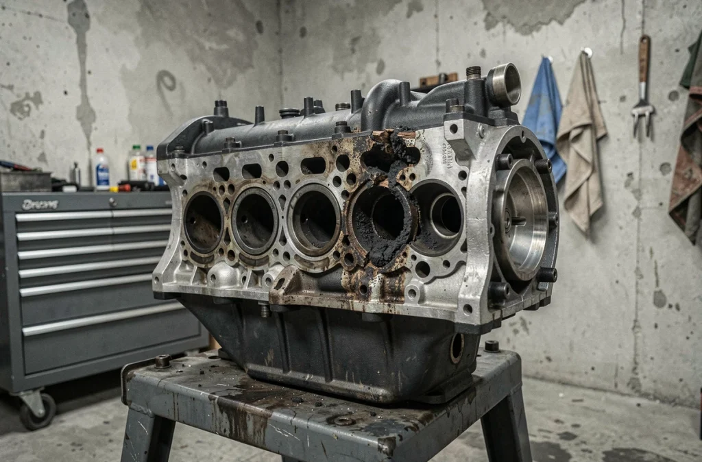 Moteur turbo endommagé sur support d'atelier montrant des signes de défaillance après une reprogrammation incorrecte