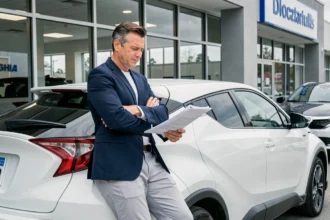 Homme confiant négociant l'achat d'un Toyota C-HR blanc dans un concessionnaire automobile en 2026