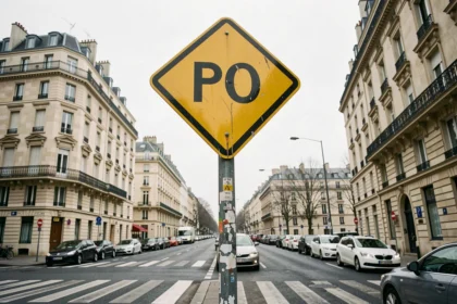Panneau de route à caractère prioritaire en milieu urbain français, vue en contre-plongée sur fond de bâtiments haussmanniens et de rue animée
