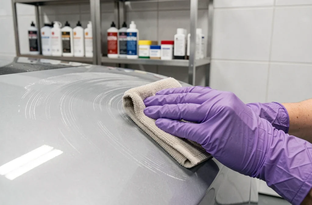 Gros plan sur des mains gantées effectuant un polissage manuel sur une portière de voiture argentée avec un chiffon microfibre