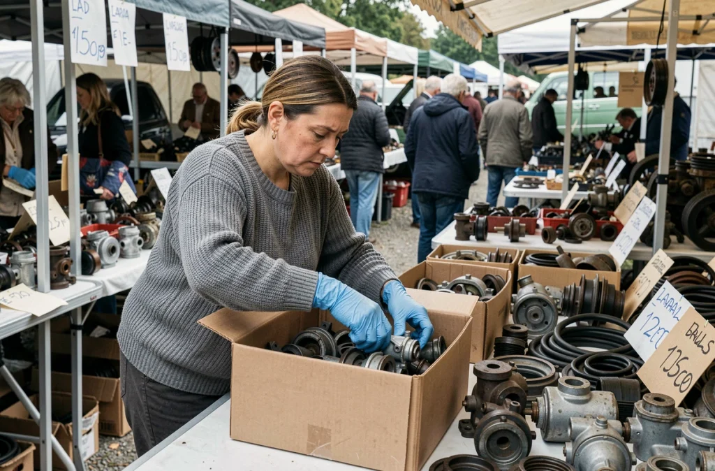 Femme cherchant des pièces détachées pour LADA dans un marché automobile de pièces d'occasion en France