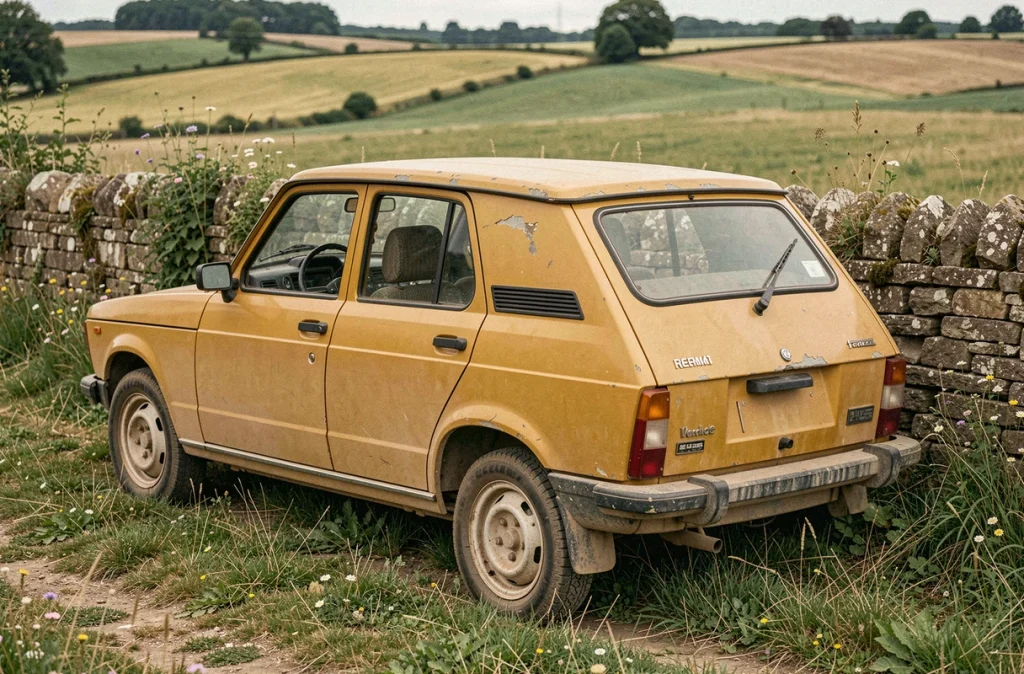 Renault 4L vintage jaune moutarde garée dans la campagne française avec carrosserie ancienne patinée