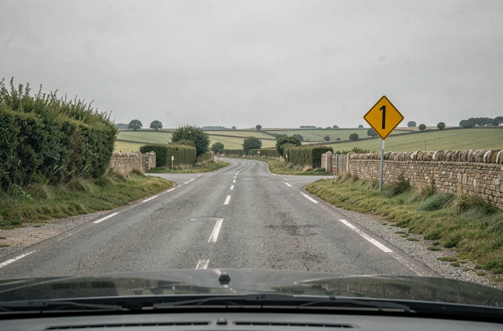Route à caractère prioritaire en zone rurale française vue depuis l'intérieur d'un véhicule, panneau prioritaire visible au bord de la chaussée entouré de champs et haies