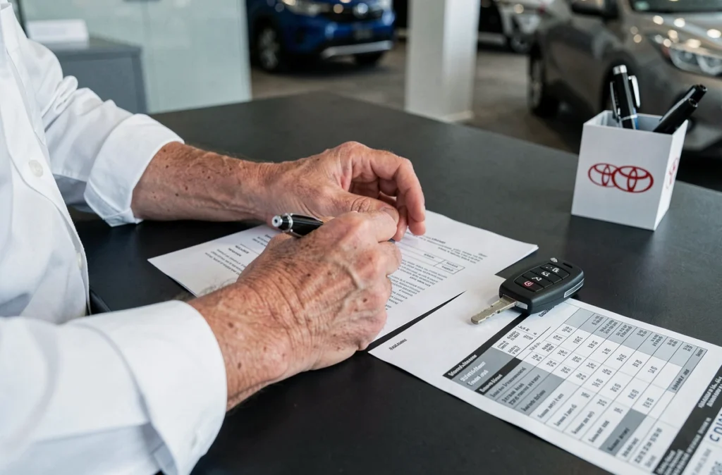 Gros plan sur une signature de contrat d'achat Toyota C-HR avec comparatif de prix et clé de voiture