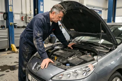 Technicien automobile inspectant le moteur 1.6 HDI d'une Peugeot dans un garage professionnel