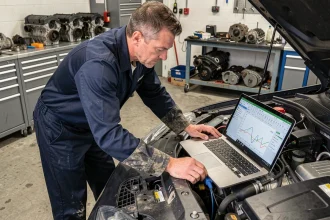 Technicien automobile connectant un ordinateur de diagnostic à un moteur turbo pour une reprogrammation ECU dans un atelier professionnel