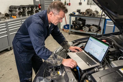 Technicien automobile connectant un ordinateur de diagnostic à un moteur turbo pour une reprogrammation ECU dans un atelier professionnel