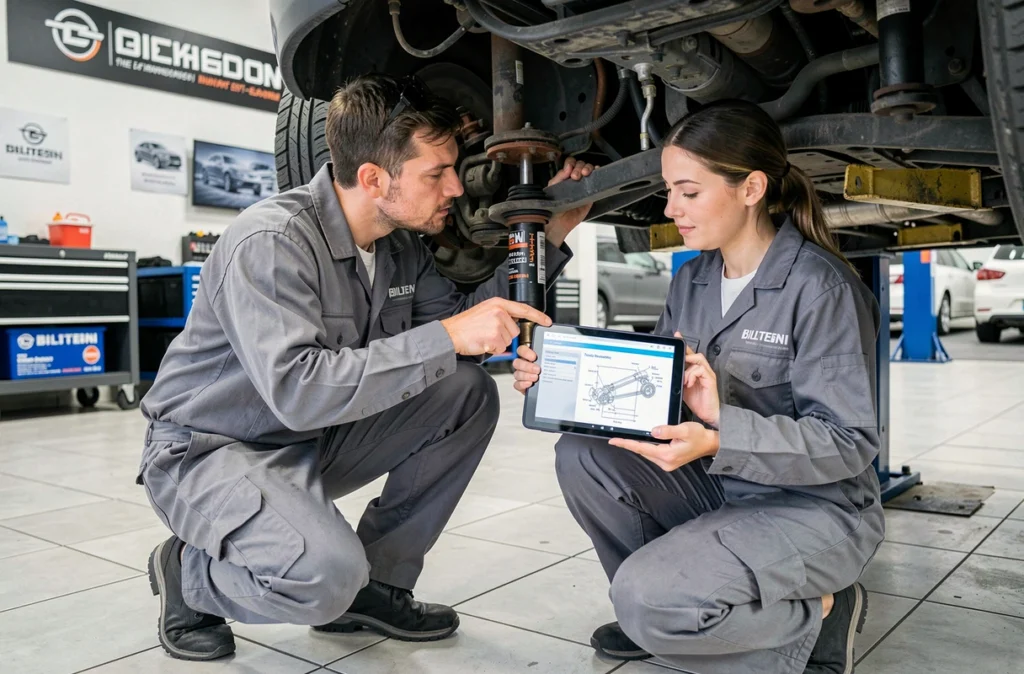 Deux techniciens automobiles diagnostiquant un bruit parasite sur la suspension d'un SUV avec des amortisseurs Bilstein B8