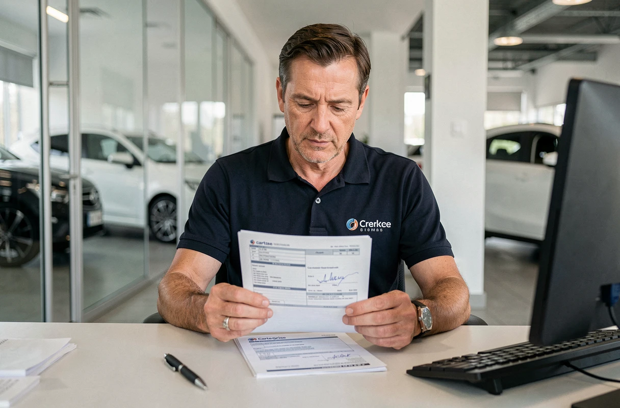 Vendeur professionnel en concession automobile vérifiant les documents obligatoires pour la vente d'un véhicule d'occasion
