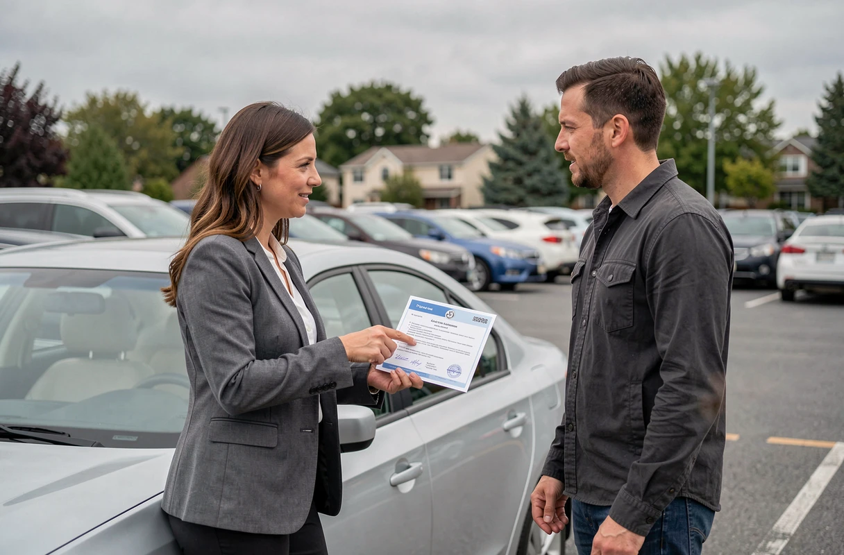 Femme présentant un certificat de non-gage à un acheteur potentiel devant une voiture dans un parking